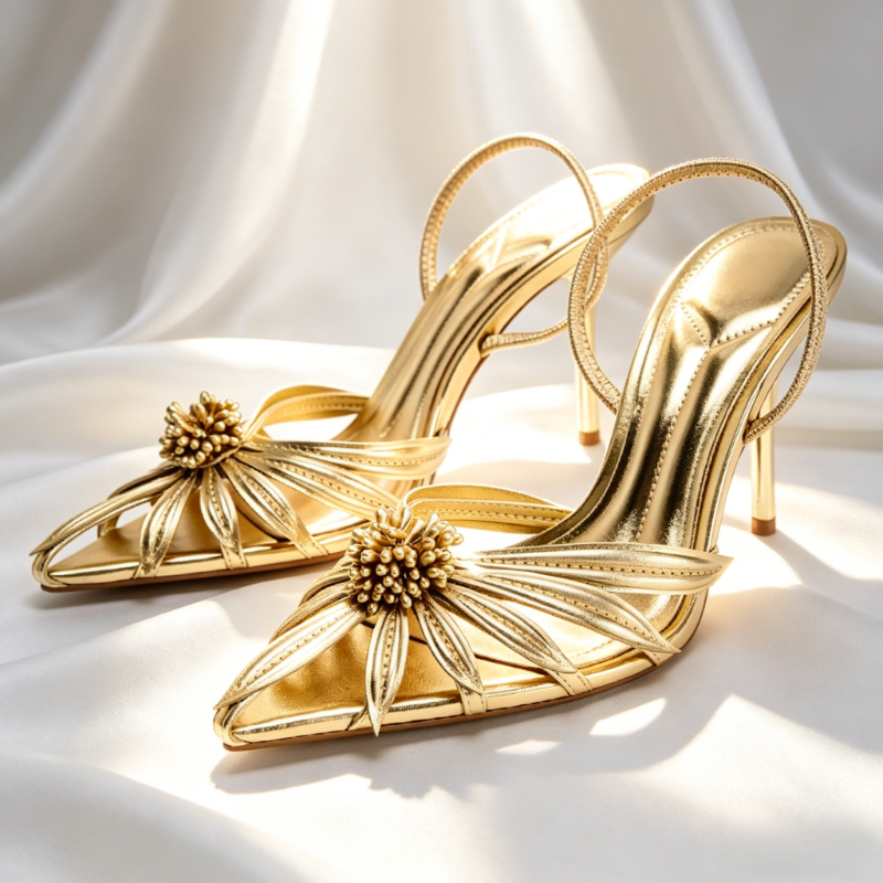 Wrap Ring Gold - Luxury Gold Floral Detail Slingback Heels